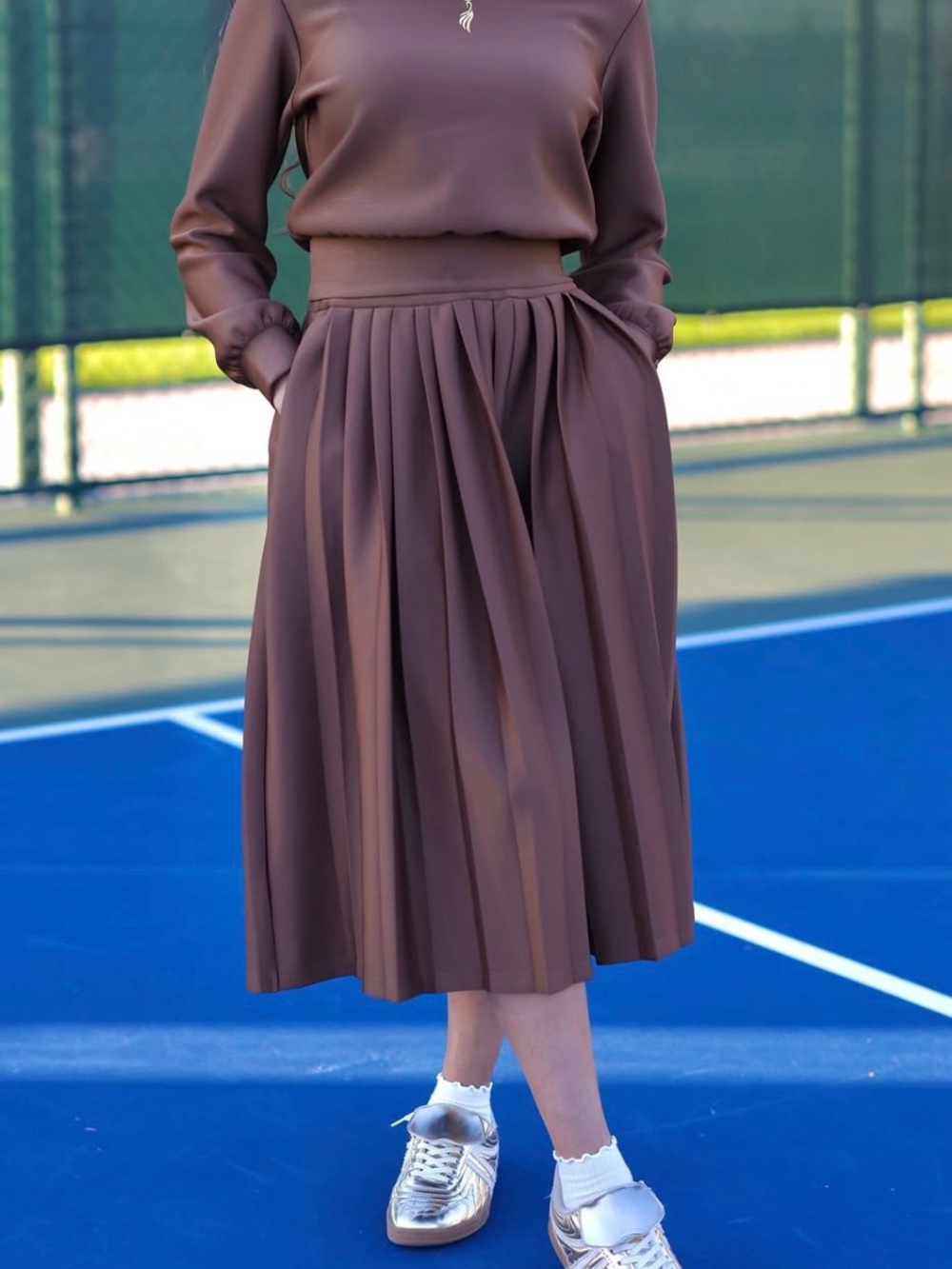 High-Waist Pleated Midi Skirt in Deep Brown